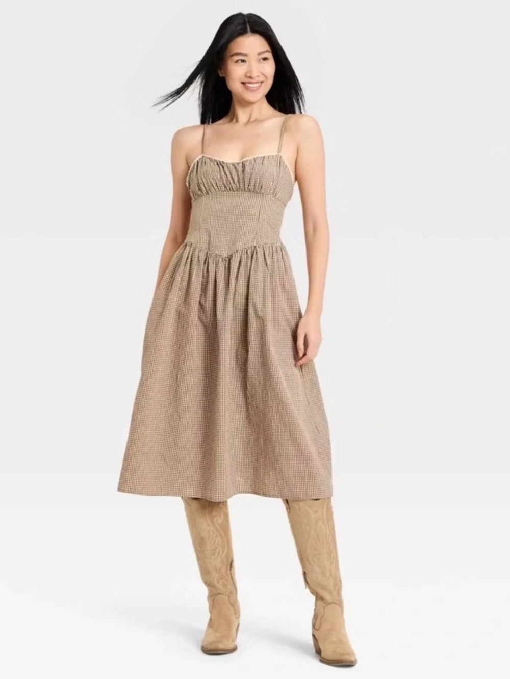 Women's Corset Midi Dress - A New Day™ Brown Gingham size XS